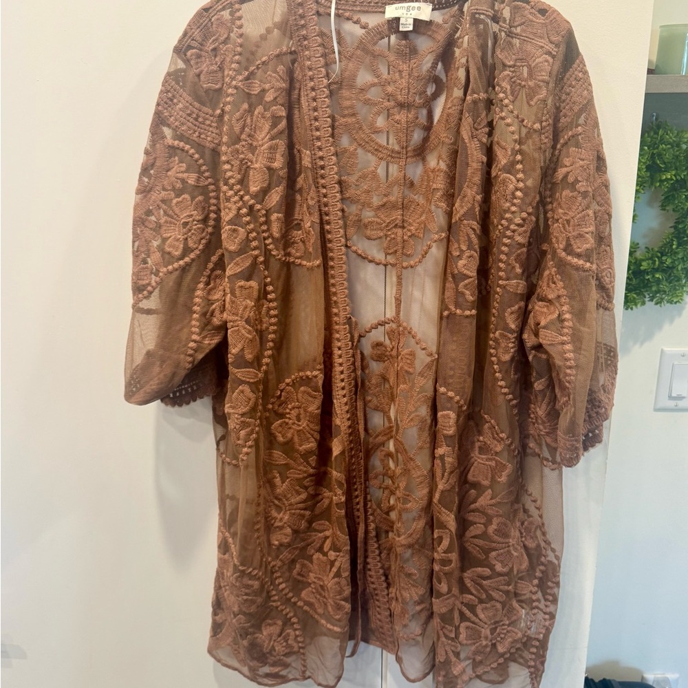 Umgee Brown Sheer Embroidered Kimono